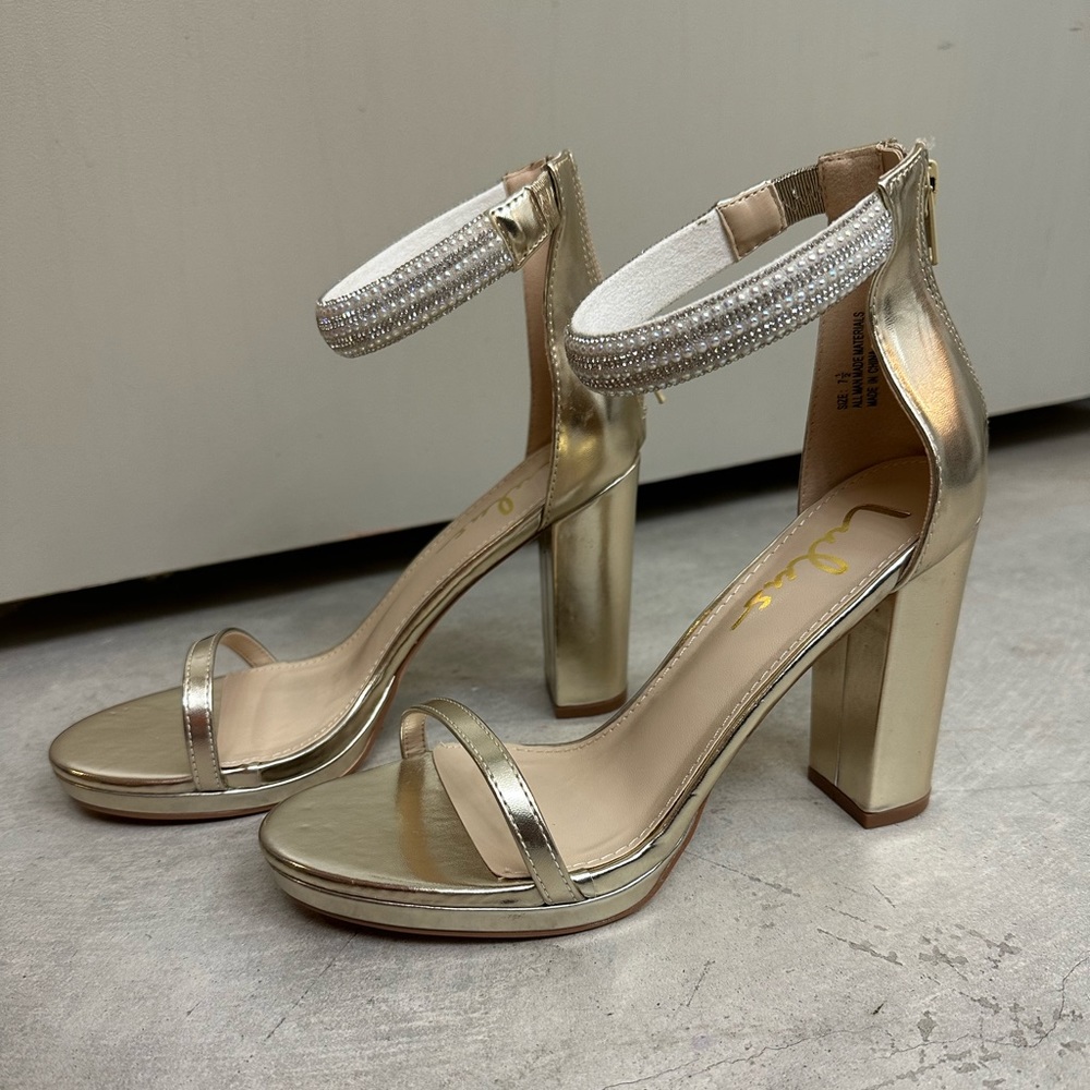 Delary Gold Metallic Rhinestone Ankle Strap High Heel Sandals